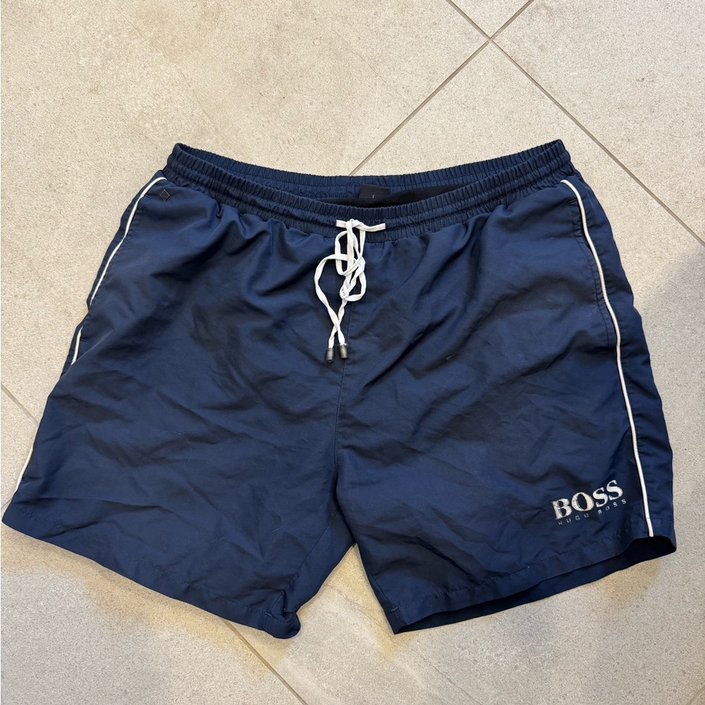 Boss Men's Navy Blue Swim Trunks with White Piping